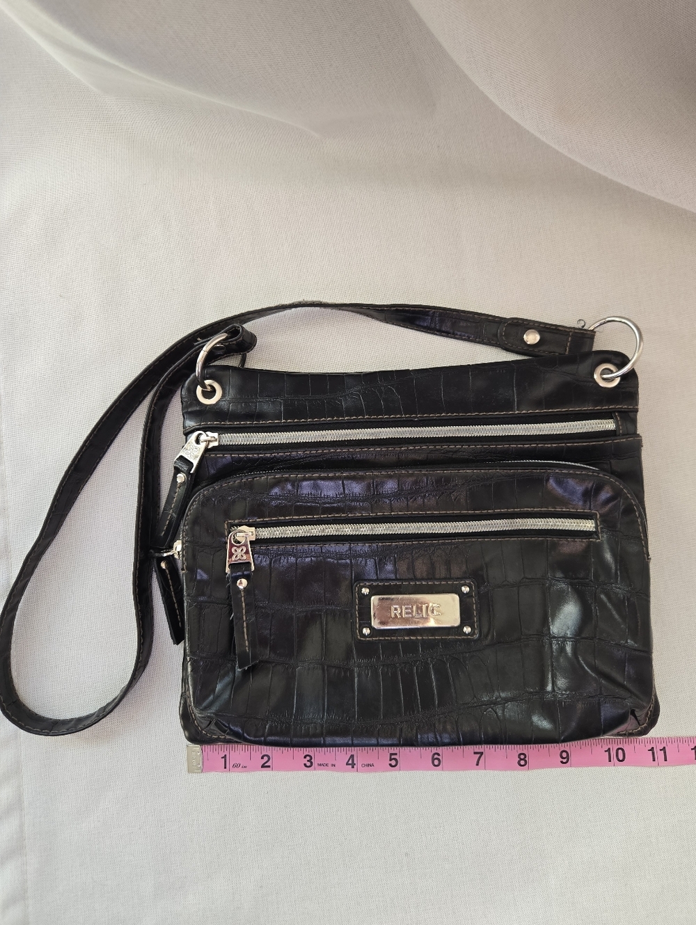 Relic by Fossil | Black Croc-Embossed Triple Zip Crossbody - Picture 2 of 16